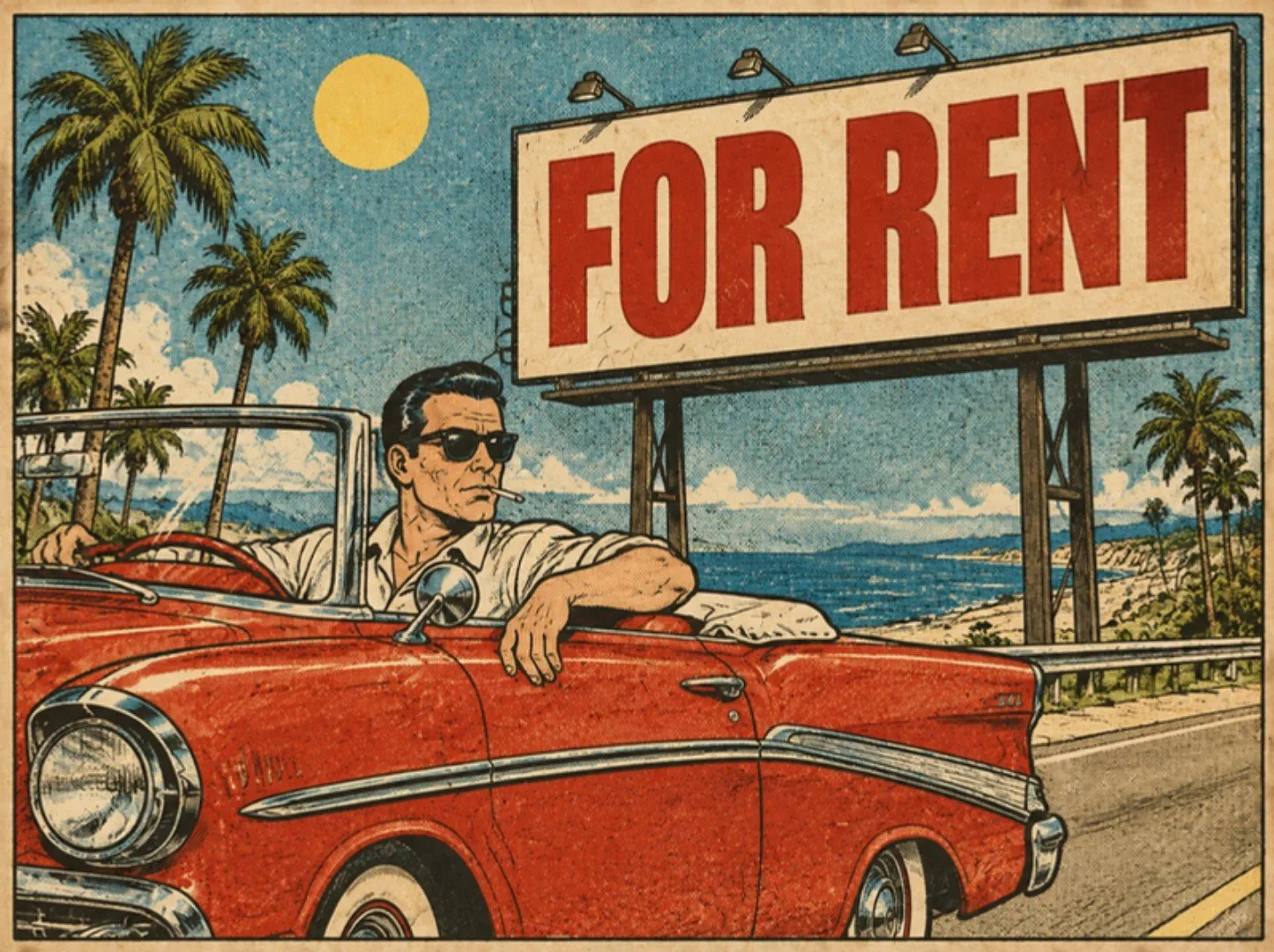 Retro comic: a driver in sunglasses cruising past a giant FOR RENT billboard on a sunny road