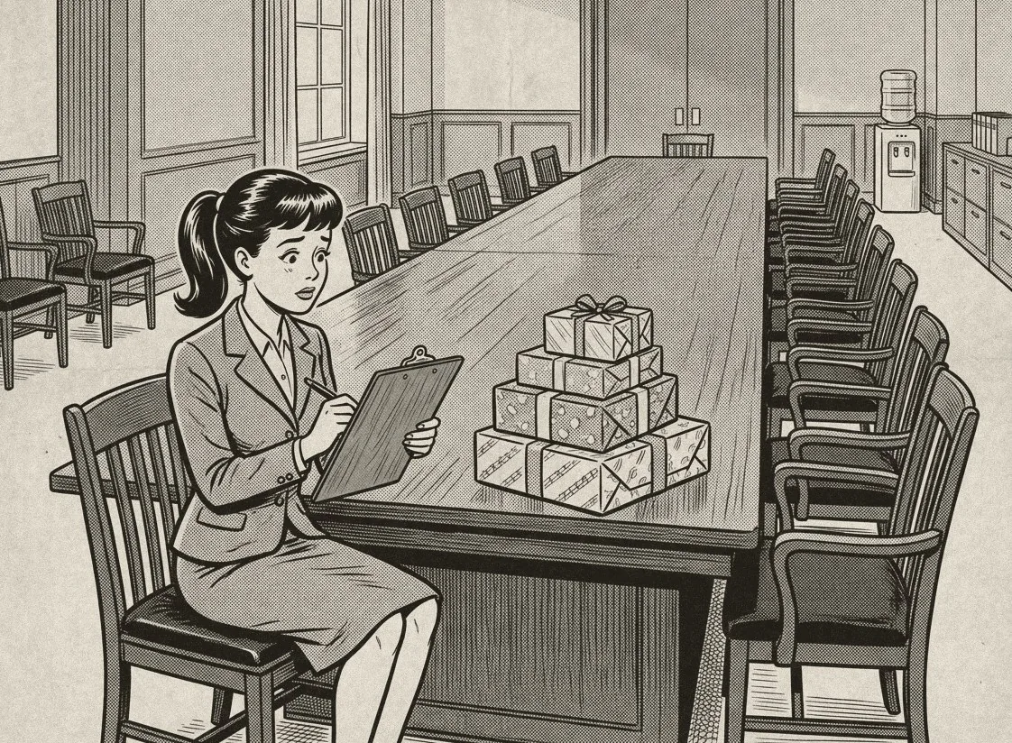 Comic: Zoe alone at the head of a long boardroom table with a clipboard and a stack of six wrapped presents