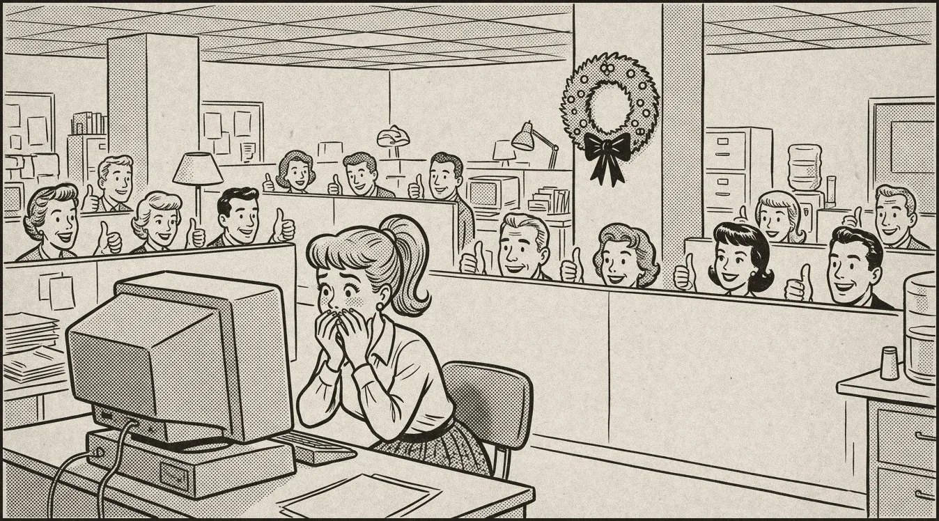 Comic: a young graduate at her desk with her hands over her mouth while coworkers pop up over every partition giving her a thumbs up