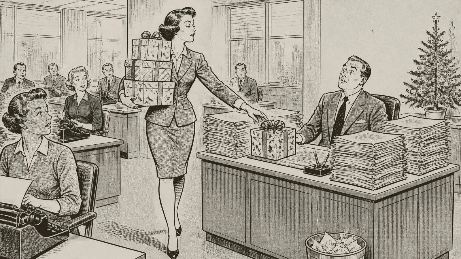 Newspaper cartoon: a woman pushes a trolley of presents past coworkers from different departments