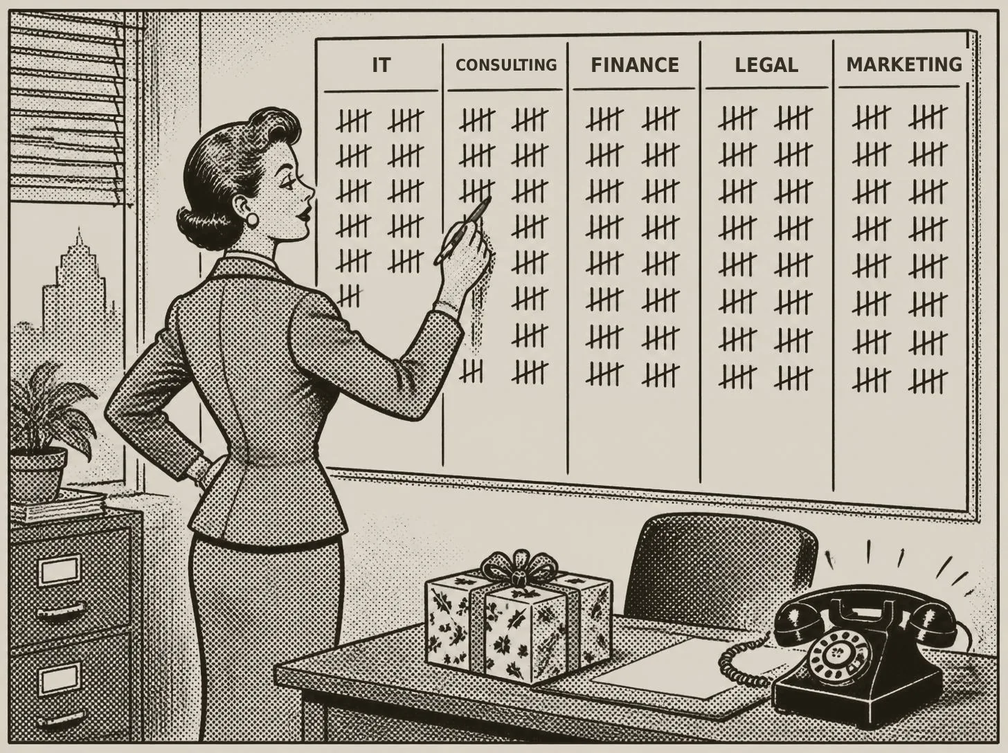 Comic: Olivia marks follow-ups on a wall chart with columns for IT, consulting, finance, legal and marketing, a wrapped gift and a ringing phone on her desk