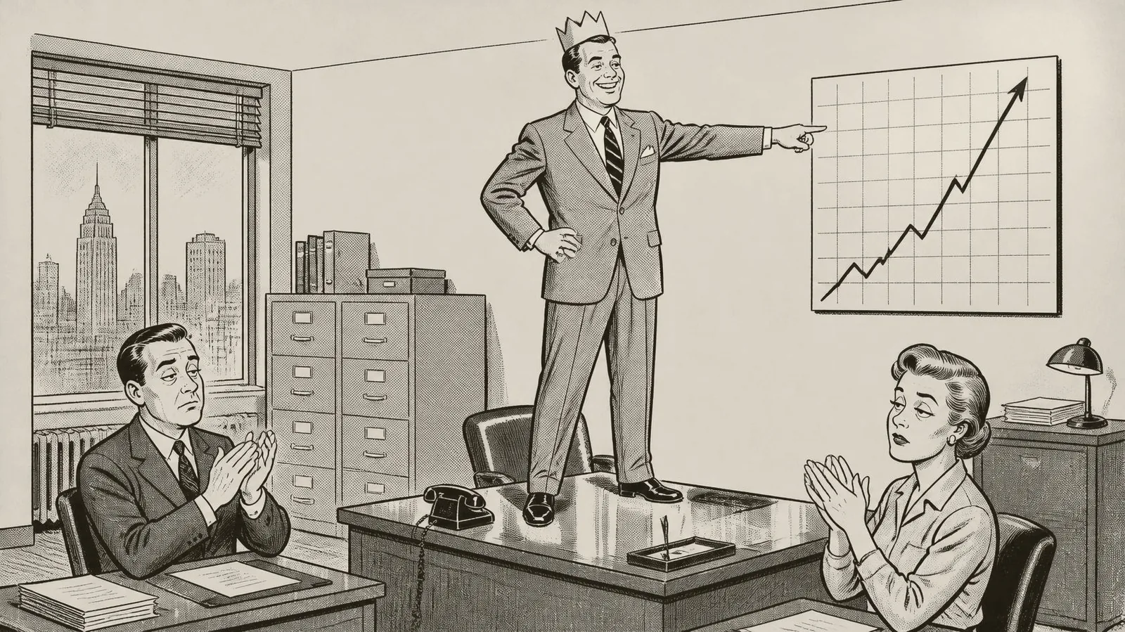 Newspaper cartoon: a newly promoted manager in a paper crown stands on his desk pointing at a rising chart while two coworkers clap politely