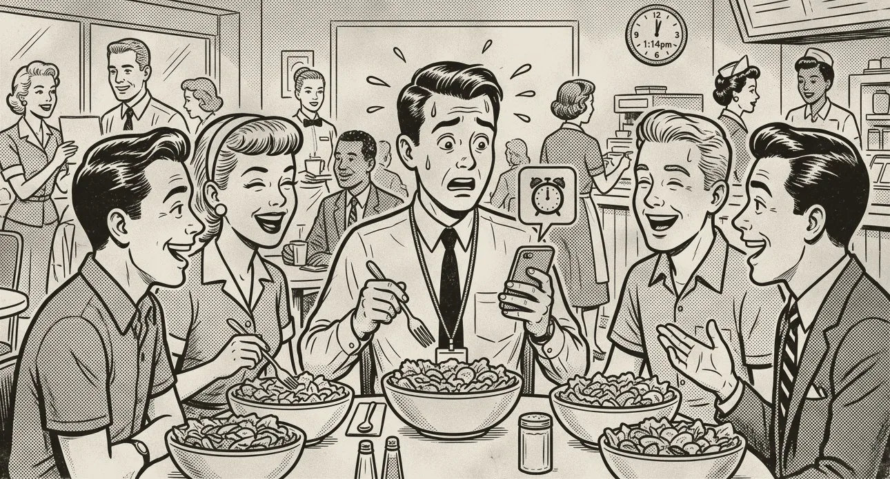 Comic: Jeff at a lunch table, fork in the air, staring at his phone in horror while his friends laugh