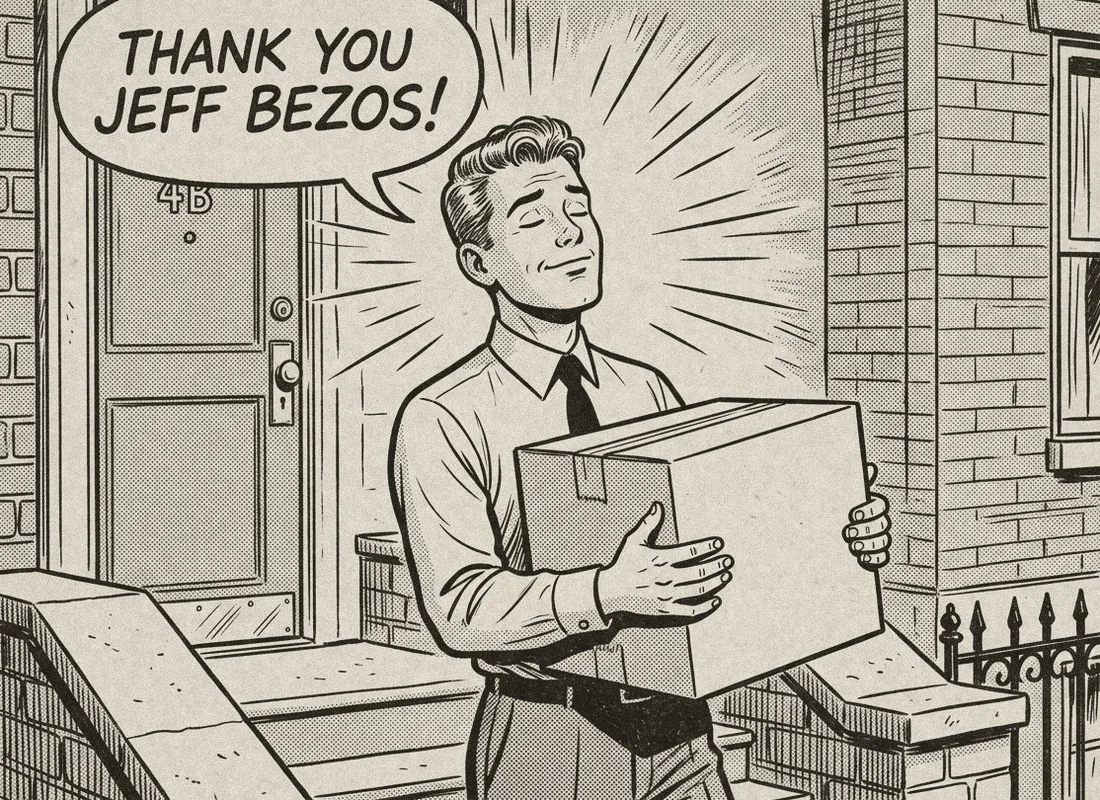 Comic: Jeff on his doorstep hugging a parcel, eyes closed, saying Thank you Jeff Bezos