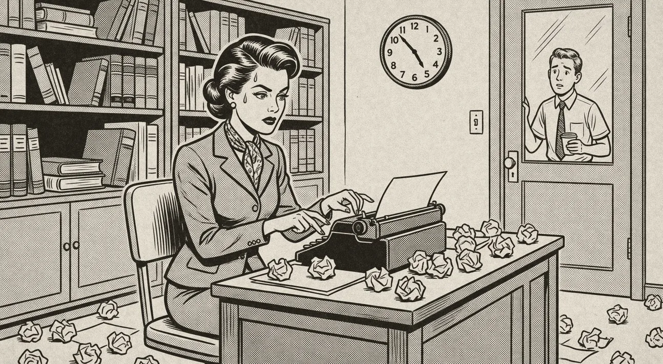 Newspaper cartoon: a lawyer at a typewriter surrounded by crumpled paper