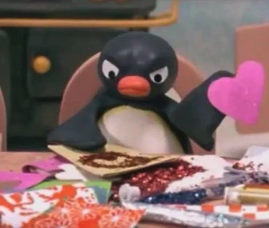 Meme: an angry clay penguin holding a pink glitter heart, captioned Writing Warm Regards on a passive aggressive work email