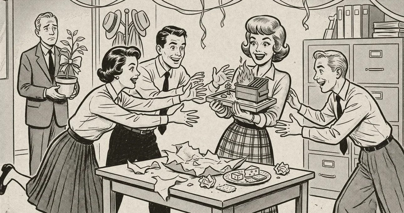 Newspaper cartoon: an office party, one person clutching a dumpster fire zen garden while three colleagues reach for it