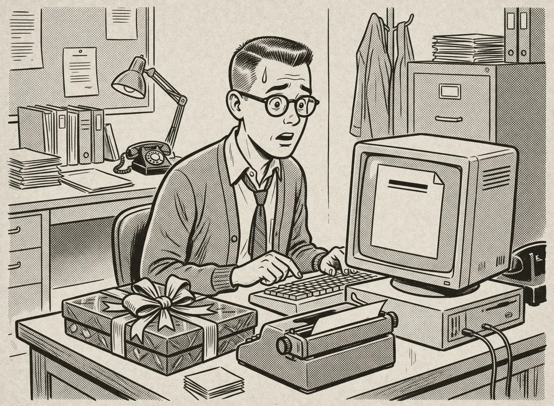 Comic: Josh, an engineer in glasses, stares at his monitor in panic next to a big wrapped box of chocolates