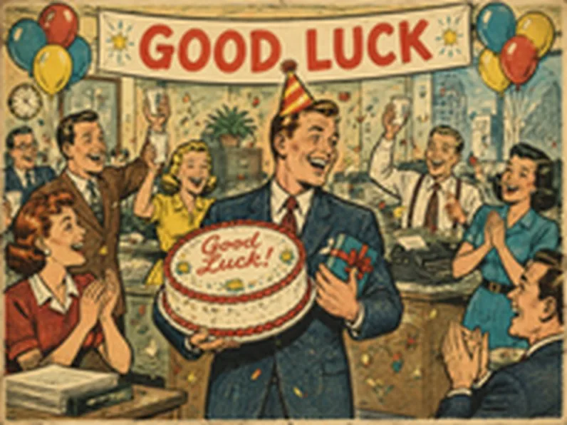 Retro comic: a joyful office farewell party with cake, balloons and a Good Luck banner