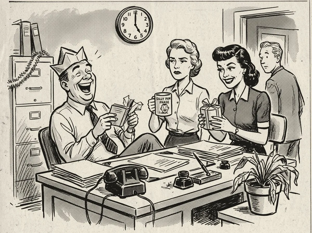 Newspaper cartoon: an office Secret Santa, one man laughing at a small paperback, one coworker unimpressed by a novelty mug