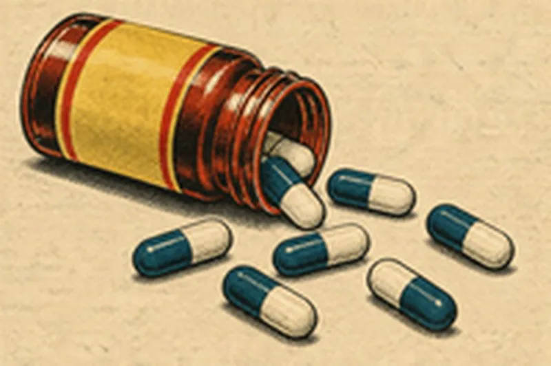 Retro comic: a pill bottle with two-tone capsules spilling out