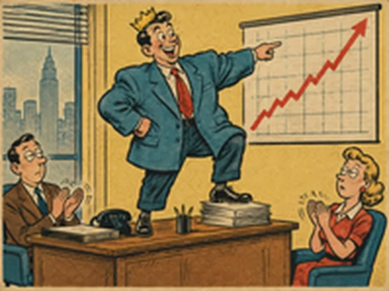 Retro comic: a newly promoted worker standing on a desk wearing a paper crown, pointing at a chart that only goes up
