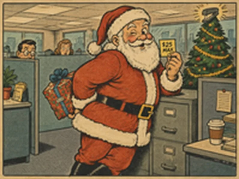 Retro comic: a mischievous office Santa hiding a badly wrapped gift behind his back