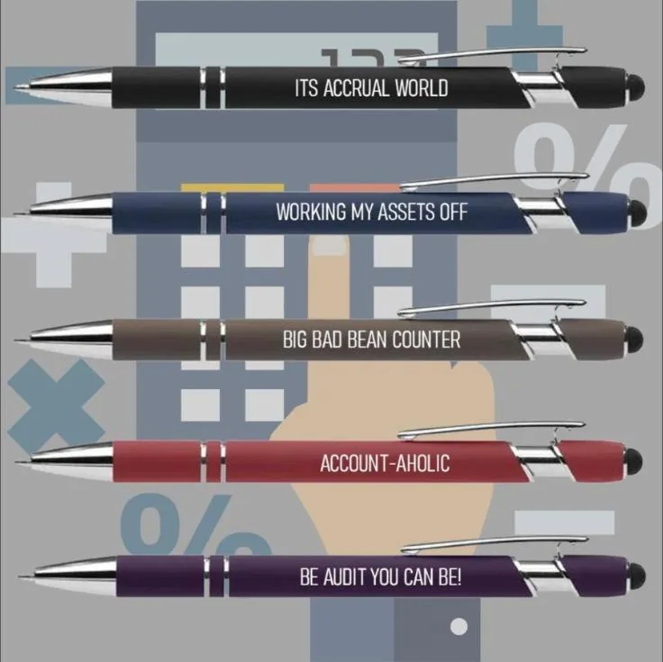 Five pens printed with accounting puns
