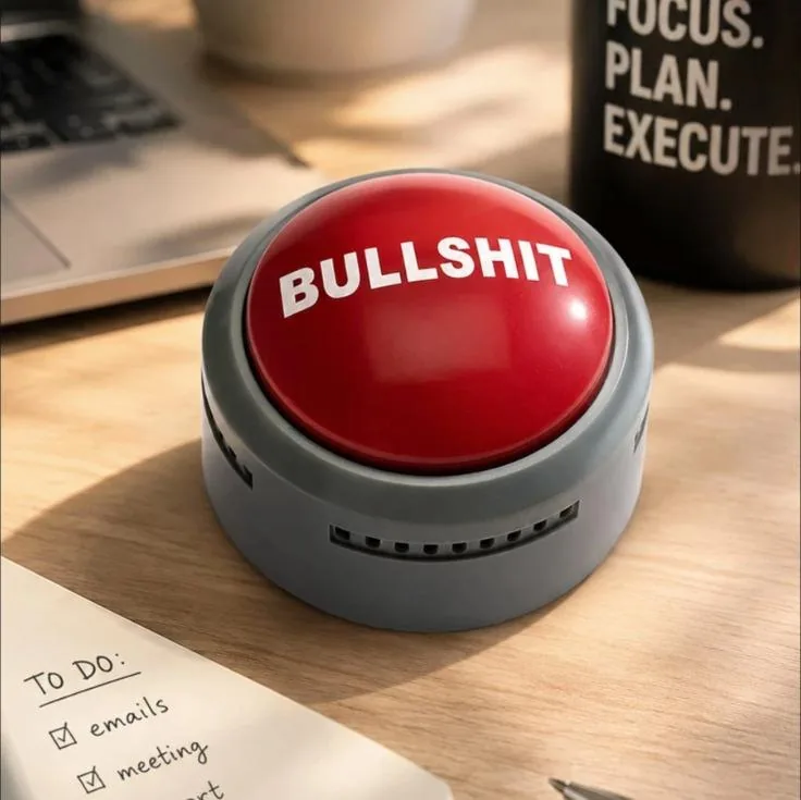 Red push button reading BULLSHIT on a desk