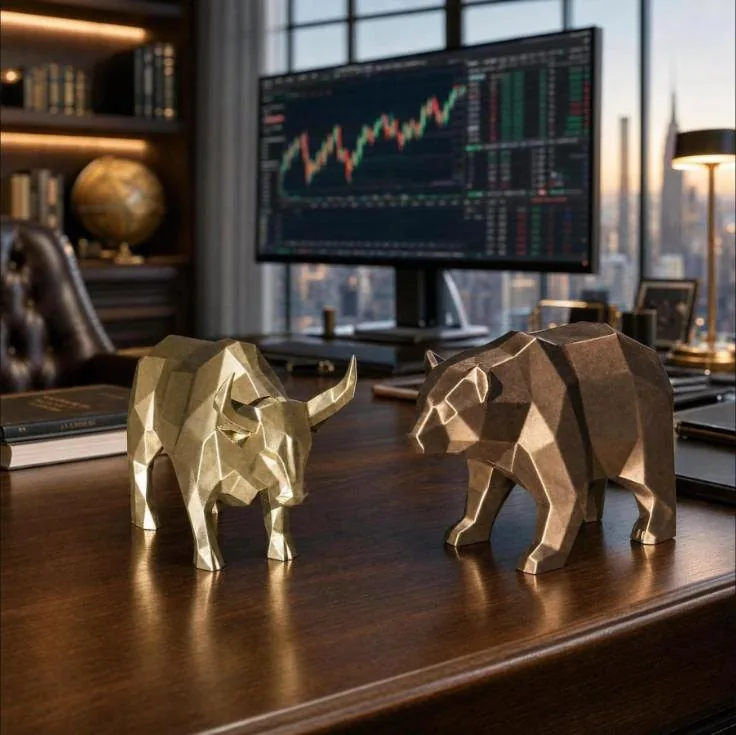 Gold low-poly bull and bronze bear statues on a desk