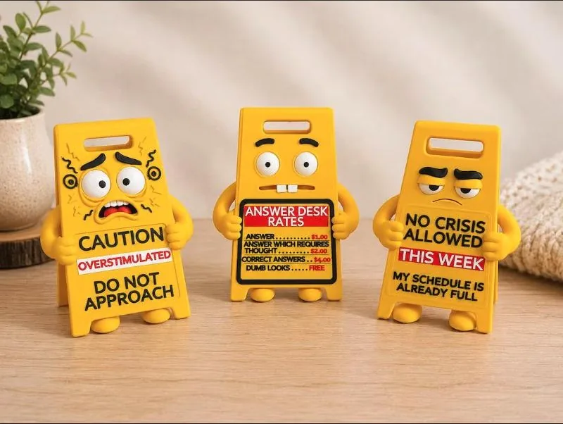 Small yellow wet-floor style sign reading Caution: Overstimulated, Do Not Approach