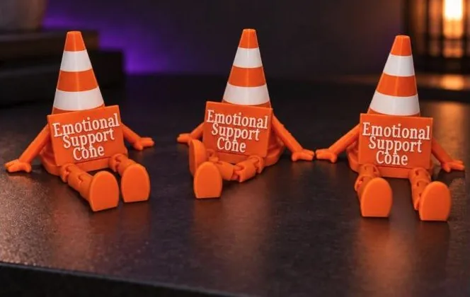 A tiny orange traffic cone with arms and legs