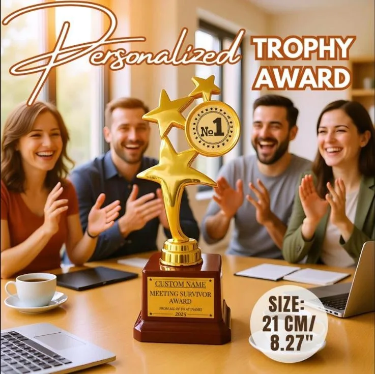 Gold star trophy on a wooden base with a custom engraved plate