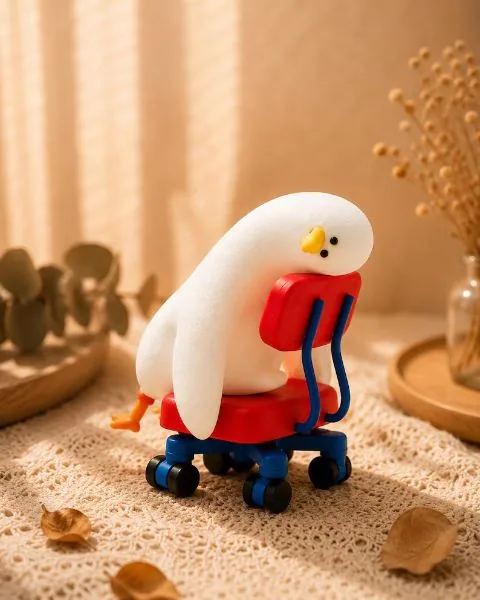 Burnout Duck figurine slumped in a little office chair