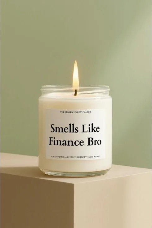 Soy candle labelled Smells Like Finance Bro