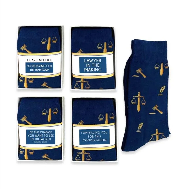 Navy socks patterned with gold scales and gavels, with joke wraps