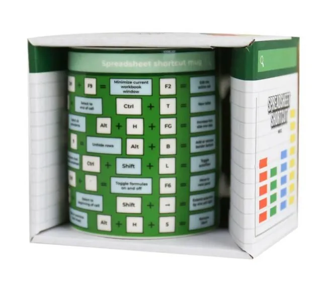 White mug printed with spreadsheet keyboard shortcuts