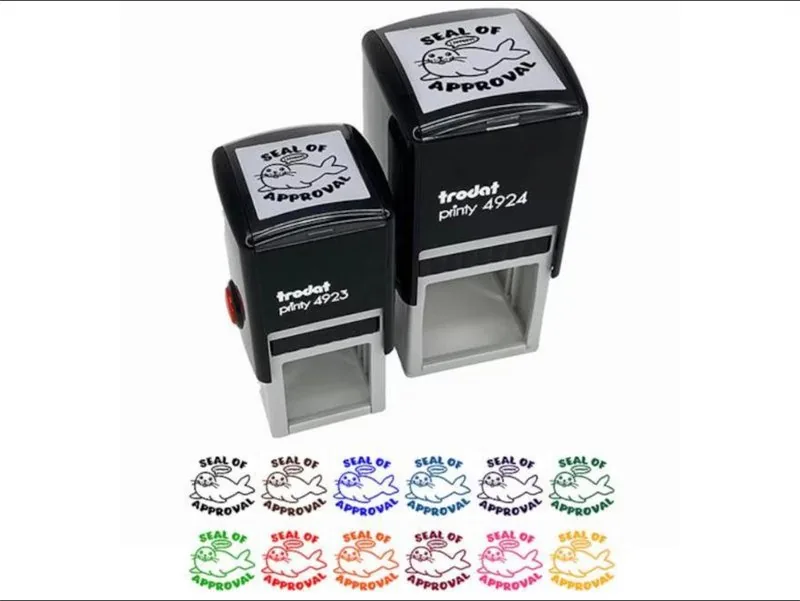 Self-inking stamps printing a cartoon seal with the words Seal of Approval