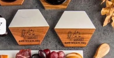 Wood and marble coasters engraved You Have Been Served with a name