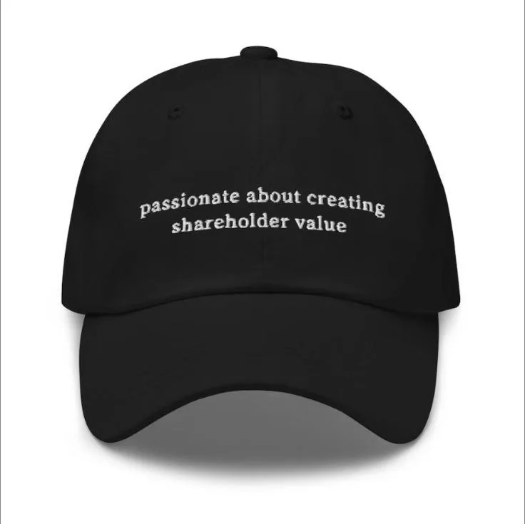 Black cap embroidered passionate about creating shareholder value