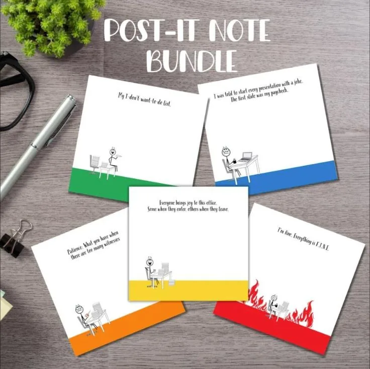 Five sticky notes with stick figures at desks and sarcastic captions