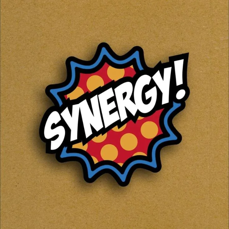 Comic-book style vinyl sticker reading SYNERGY!