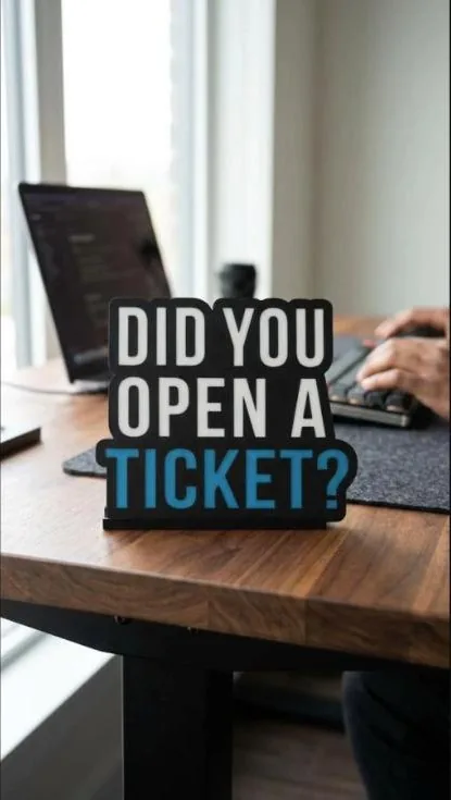 Desk sign reading Did you open a ticket?