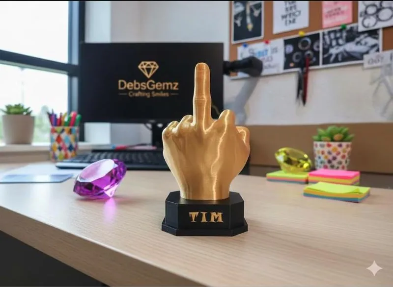 Gold 3D-printed trophy of a hand giving the middle finger